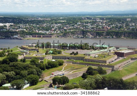 aerial view of the Citadel, the old fortress of Quebec City with St. Lawrence river in background