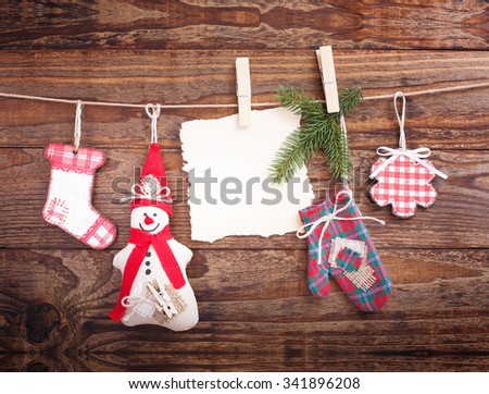  Christmas composition of toys handmade Christmas tree on a wooden background
