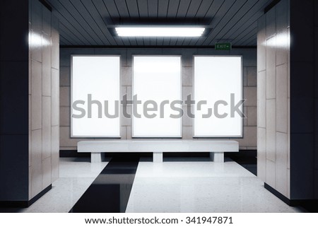 Blank white banners on the wall in empty subway hall, mock up 3D Render