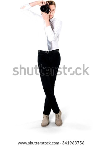 Serious Caucasian young man with short light blond hair in business formal outfit using camera - Isolated