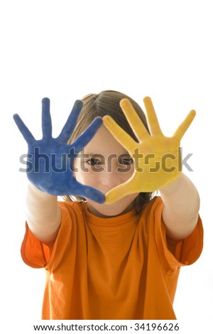 young girl with her hands painted isolated on white background