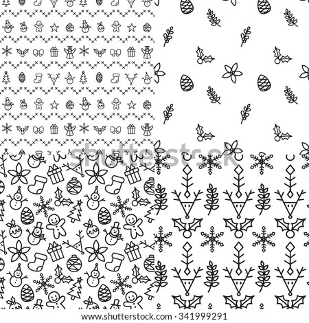 Set of black and white Christmas seamless patterns on transparent backgrounds. 