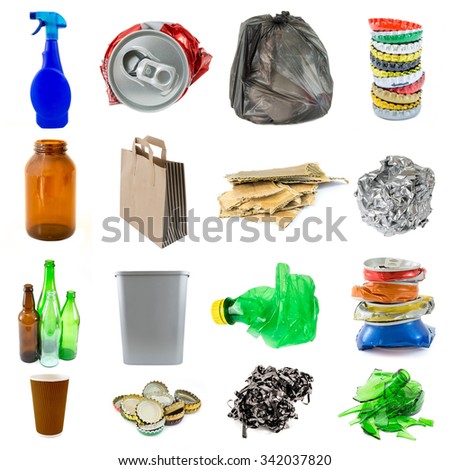 Collection of recyclable garbage objects isolate on a white background series. Royalty-Free Stock Photo #342037820