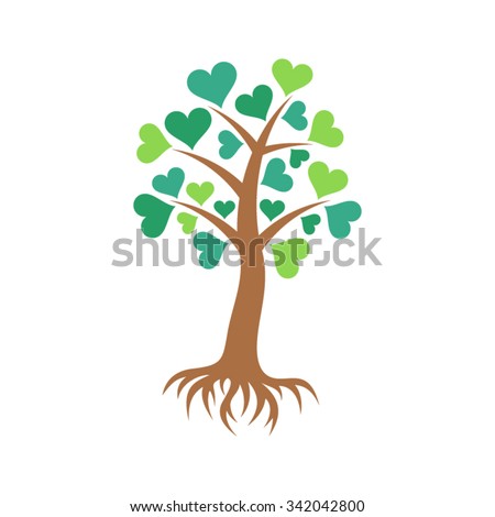 Colorful abstract tree with heart leaves and roots
