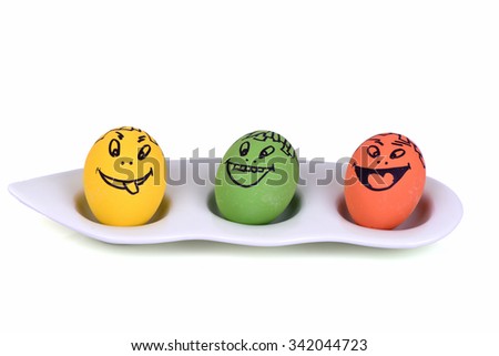 Eggs with cartoon faces many emotions of happiness.