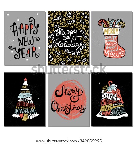 Typographic Christmas and New Year tree, Santa, Ball, Bag, Gifts. Merry XMas lettering and silhouettes. Greeting cards design.
