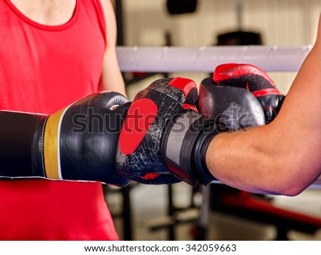 Body part hand wearing  gloves boxing .Two  men boxer .