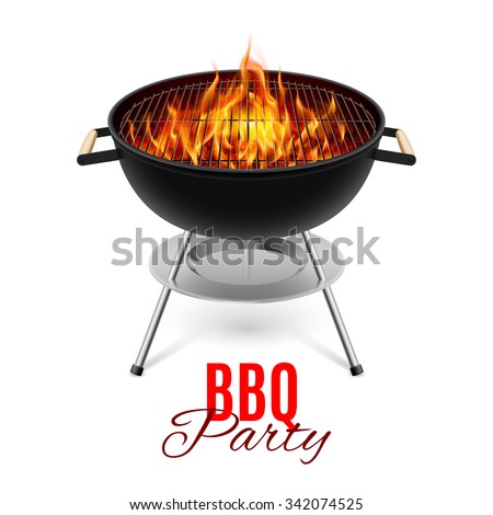 BBQ party banner grill with fire isolated on white Royalty-Free Stock Photo #342074525