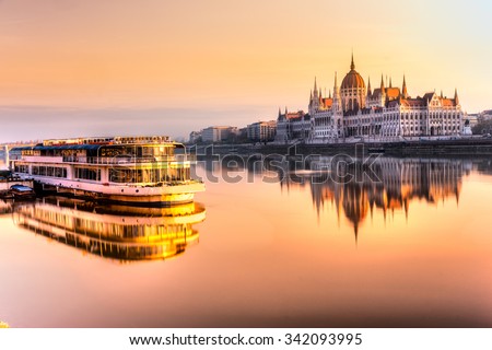 View of Budapest parliament at sunrise, Hungary Royalty-Free Stock Photo #342093995