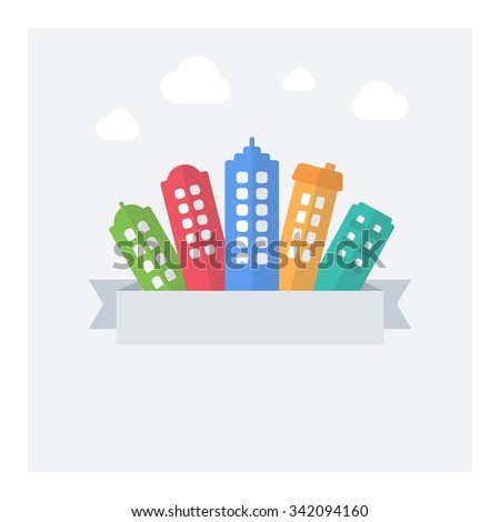 Vector flat illustration of modern cityscape with text area.