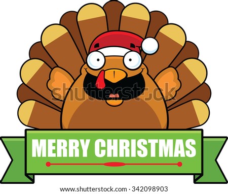 Cartoon illustration of a turkey with a Christmas banner. 