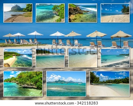 Mauritius pictures collage of different famous locations landmark of Republic of Mauritius, Indian Ocean, Africa on beach umbrellas background.