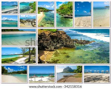 Mauritius pictures collage of different famous locations landmark of Republic of Mauritius, Indian Ocean, Africa. Isolated on white background.