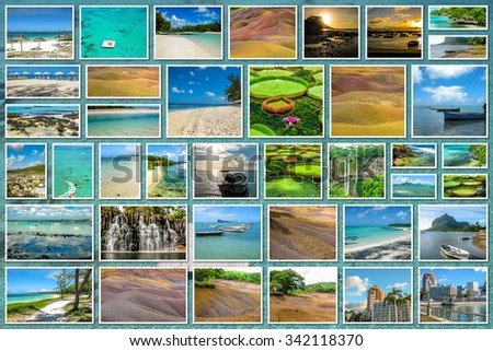 Mauritius pictures collage of different famous locations landmark of Republic of Mauritius, Indian Ocean, Africa on sea background.