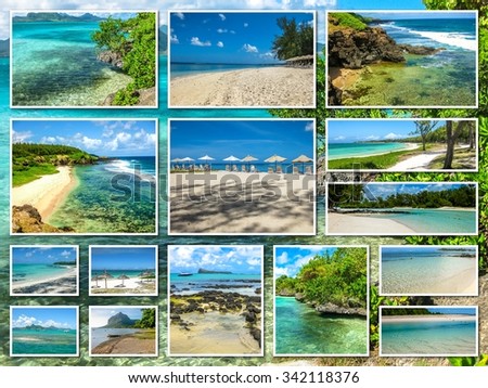 Mauritius pictures collage of different famous locations landmark of Republic of Mauritius, Indian Ocean, Africa on sea background.
