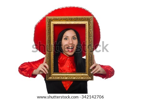 Mexican woman with picture frame on white
