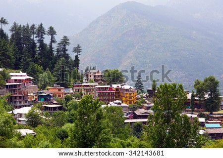 Vashist village in Kulu valley, India. Kullu, or Kulu, is the capital town of the Kullu District in the Indian state of Himachal Pradesh. It is located on the banks of the Beas River Royalty-Free Stock Photo #342143681