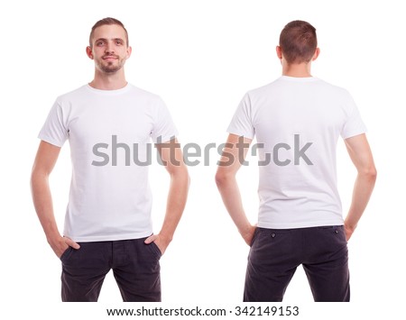 Young man in white t-shirt on white background