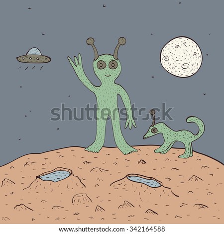 Funny smiling green alien with his pet on red planet with craters on sky background with Moon and flying saucer. EPS 8 vector illustration, no transparency