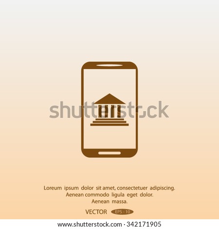 Mobile phone with courthouse sign icon, vector illustration.