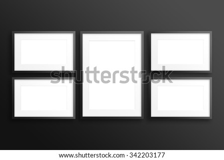 Collage of five frames on black wall,  Interior decor mockup 