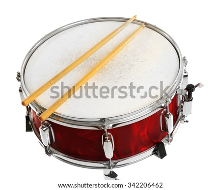 Red drum with drum sticks isolated on white background Royalty-Free Stock Photo #342206462