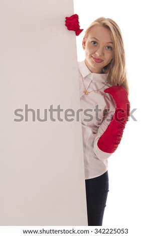 beautiful girl in red gloves with a white sheet on a white background