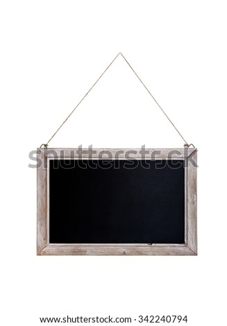 Old blackboard with wooden frame hanging on a rope. Isolated on white background.