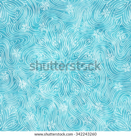 Seamless pattern with white winter ornament of snowflakes and curvy lines on blue watercolor background