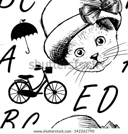 Vector seamless pattern with cat in hat, bicycle, black umbrella and letters.