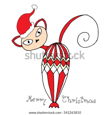 Stylized cat with Christmas hat. Christmas card template