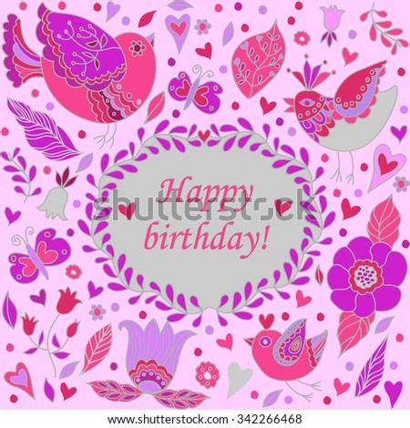 Happy birthday floral pink frame with birds, doodle invitation background and greeting card. Vector illustration