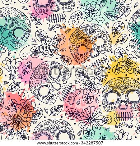Skull and Flowers. Seamless Background. Mexican day of the dead. Freehand drawing.