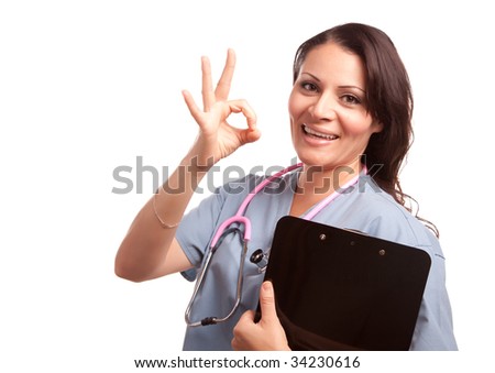 Attractive Hispanic Doctor or Nurse with Clipboard Isolated on a White Background.
