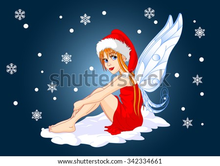 Christmas fairy with SantaÃ?Â¢??s hat sitting on the snow