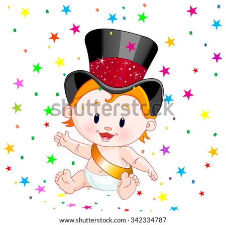Cute baby in a top hat with party confetti