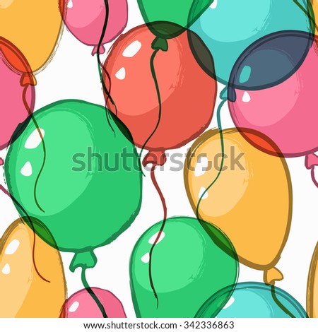 Vector holiday seamless pattern with transparent watercolor air balloons. Abstract  colorful background. Design concept for birthday greeting cards, festival decoration, gift card.


