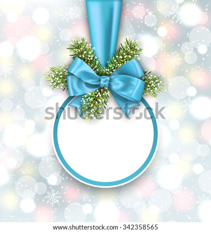 Illustration Merry Christmas Elegant Card with Bow Ribbon and Pine Twigs, on Shimmering Background - Vector