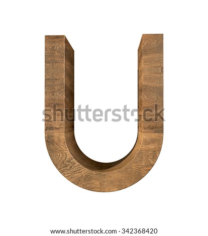 Realistic Wooden letter U isolated on white background