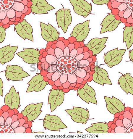Red flower seamless pattern with leafs.