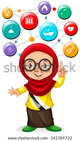 Girl with science icons on her head illustration