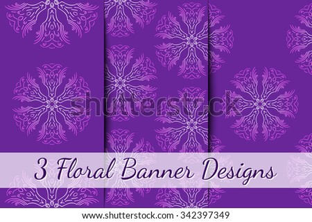A collection of 3 floral banners with stylized flowers, design template for postcards, greeting cards, creative projects, advertisement. Vector illustration.