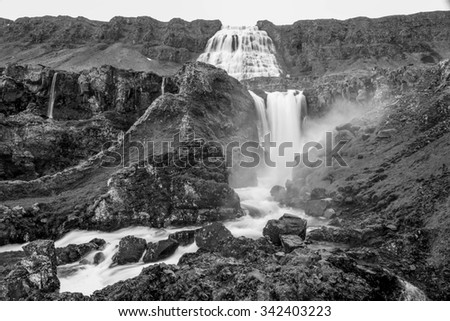 Dynjandi, Fjallfoss waterfall in the Westfjords of Iceland in black and white