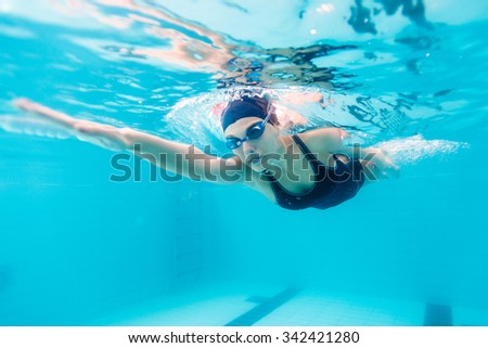 Female swimmer gushing through water in pool Royalty-Free Stock Photo #342421280