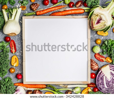  Vegetarian food, health and diet nutrition background with variety of fresh farm vegetables  around a blank white chalkboard, top view, frame.
Vegetarian food, health and diet nutrition concept.
