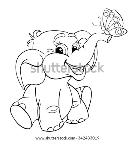 Funny cartoon baby elephant with butterfly. Black and white vector illustration for coloring book