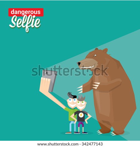 Dangerous selfie concept illustration. Selfie with Bear. Man and bear Taking a selfie Photo Together on smartphone
