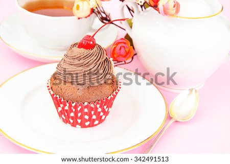 Cake with Cream and Cherry, Cupcake. Sweet Food