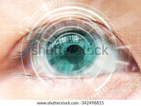 Women eye cataract, contact lens, futuristic, digital, technology. Royalty-Free Stock Photo #342498815