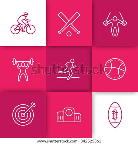 different kind of sports, line icons on squares, vector illustration